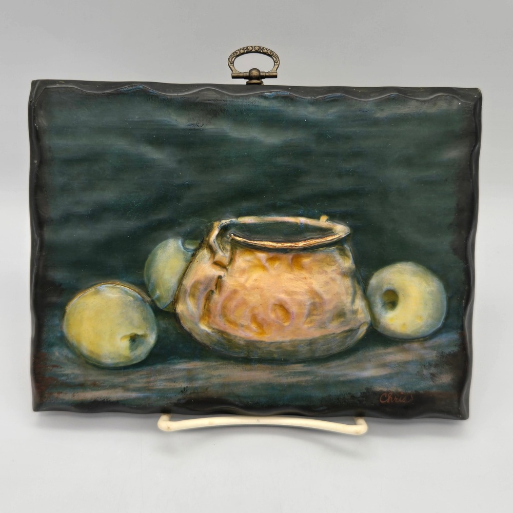 Vintage Dark Moody Still Life Wall Art Plaque Copper Pot and‎ Apples in Relief